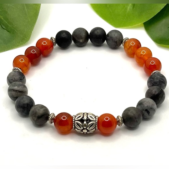 Black Network Stone Round Beads
& Carnelian Agate beads stretch Bracelet. - Picture 1 of 3